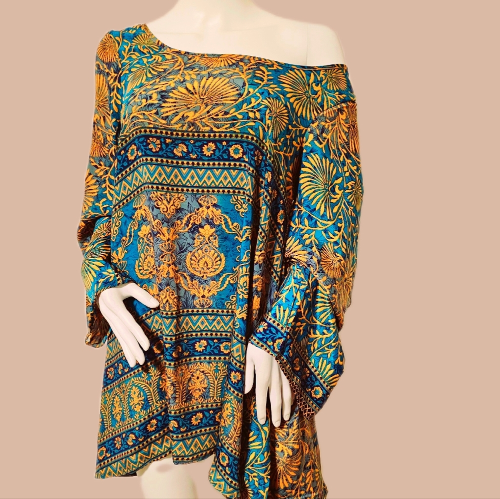 Karma Hwy Silky Boho DS Blouse Blue/ Gold Prt OS NWT